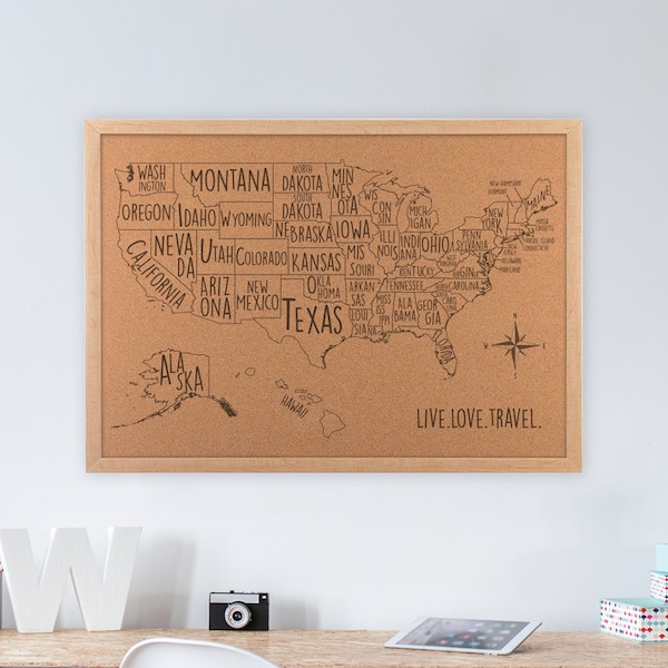 USA Cork Board Travel Map Personalized - Apartment, Dorm or House Decor | JW Design Studio