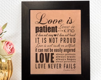 Love is patient, 1 Corinthians 13 Love Sign - Romantic leather anniversary, wedding gift idea | JW Design Studio