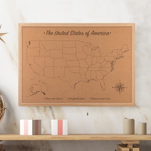 Carte des États-Unis en liège - babillard de voyage - bureau à domicile, appartement, idée cadeau en bois | Studio de conception JW
