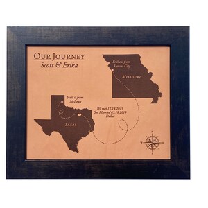 A leather 2 states map and unique anniversary gift. Show the journey of your love story. Personalized leather map features two states with specific cities pinned and a cute travel line connecting the locations. It is personalized with dates and special locations from the couple's lives.