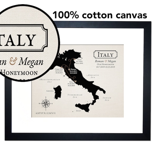 cotton anniversary gift idea [ honeymoon wedding map, Italy or any country or state ] JW Design Studio