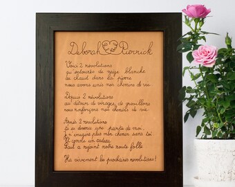 Engraved handwritten letter on leather - romantic leather anniversary gift | JW Design Studio