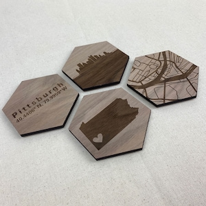 Wood city map coasters - custom to YOUR city, 5th wood anniversary gift idea | JW Design Studio