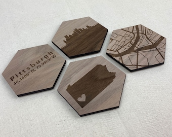 Wood city map coasters - custom to YOUR city, 5th wood anniversary gift idea | JW Design Studio
