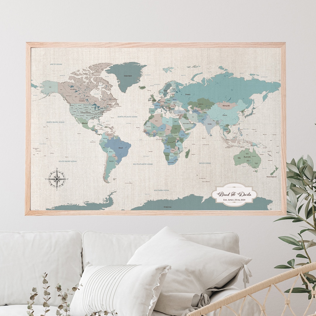 Personalized World Push Pin Travel Map on Cotton Canvas With Map Pins ...