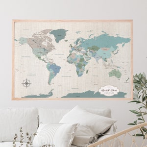 Our journey cotton world map - travel map on cotton canvas includes map pins | JW Design Studio