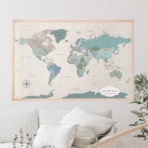 Our journey cotton world map - travel map on cotton canvas includes map pins | JW Design Studio