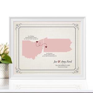 Zwei oder drei Staaten Hochzeit Erinnerungskarte - personalisierte Liebesgeschichte Kunst | JW Designatelier