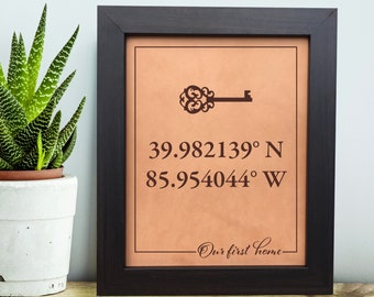 Personalized GPS Coordinates Leather Home Sign - First Home Gift