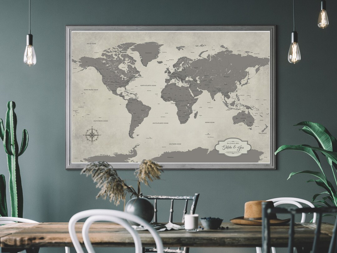 Personalized Gray World Map Wall Art living Room Wall Art Etsy