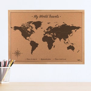 Arte de parede com alfinete de mapa-múndi - Quadro de mapa-múndi de cortiça com 100 alfinetes de mapa | JW Design Studio