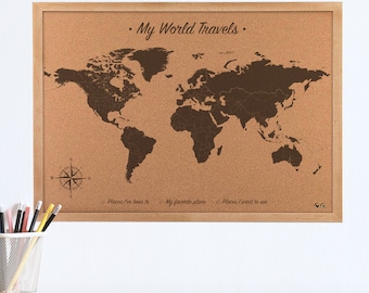 World Map Push Pin Wall Art - Cork World Map Board includes 100 map pins | JW Design Studio