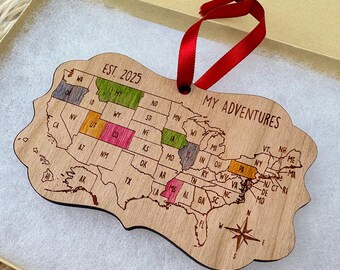 Personalized USA Color In States Travel Ornament, Family Vacation Map Keepsake