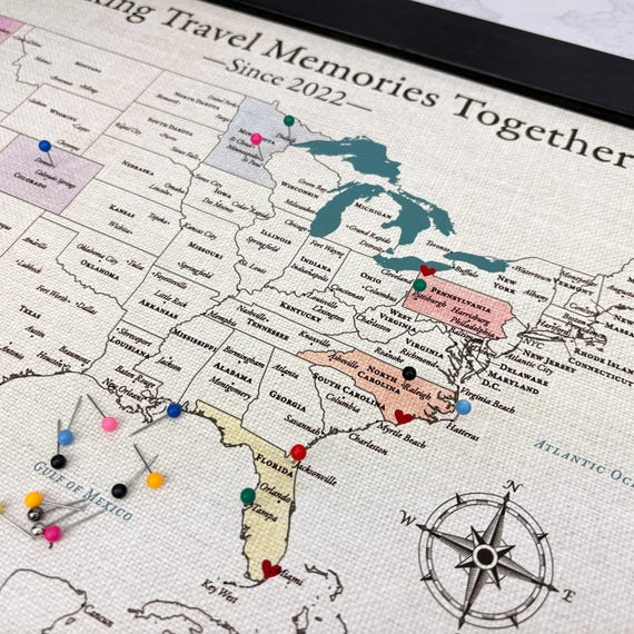 Personalized Cotton Push Pin USA Map, 2nd Anniversary Gift, DIY Watercolor Paint Travel Map, 11x14 Framed