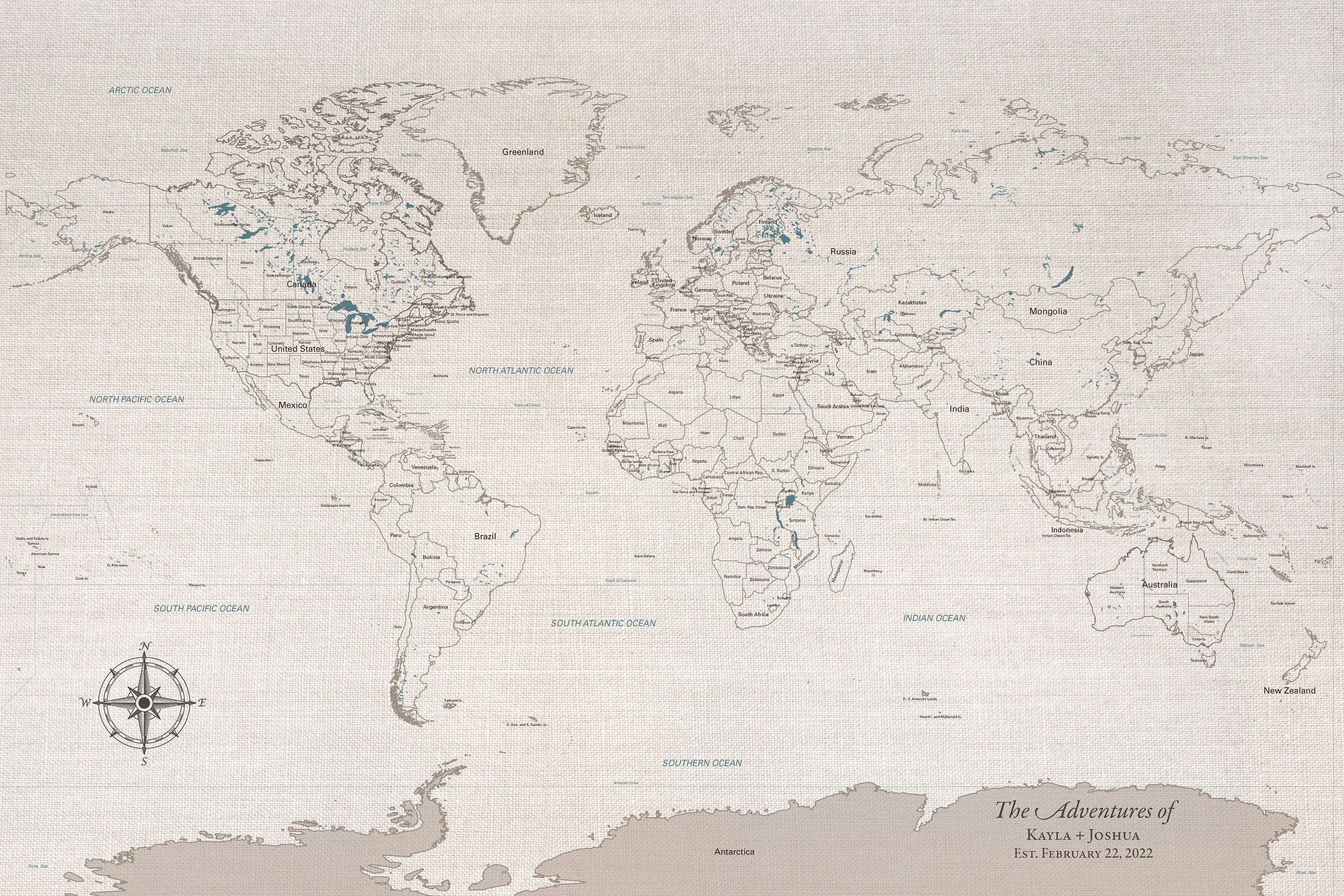 World Watercolor Map DIY - 2nd Cotton Anniversary Gifts for him or her, Travel Valentines Day | JW Design Studio