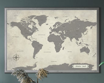 Gray World Map Poster with map pins - travel paper 1st anniversary gift idea | JW Design Studio