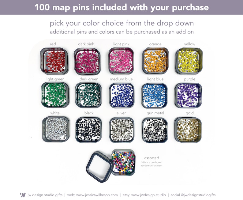 100 map pins for your push pin travel map by JW Design Studio Gifts. Pick your color choice from the drop down. 15 colors to choose from as well as a random assortment of map pins.