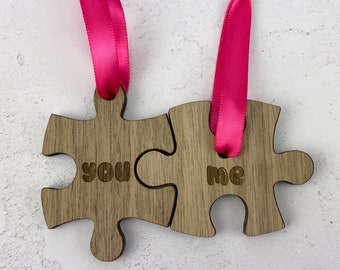 You and Me Puzzle Pieces ornament set - berry pink ribbon, cute balloon letters | JW Design Studio