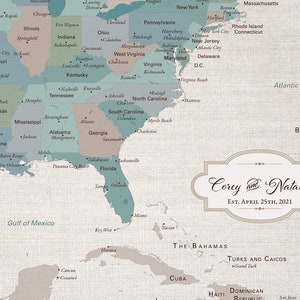 Personalized USA Travel Map with Pins: Cotton 2nd Anniversary Gifts Idea | JW Design Studio