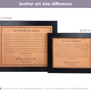 The Man in the Arena leather artwork comes in two size options: 8x10 inches and 11x14 inches. This image illustrates both sizes side by side for easy comparison.