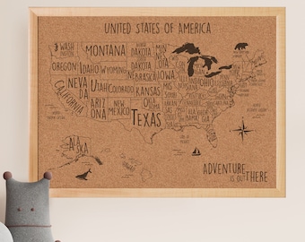 USA Map Cork Board Map with whimsical design - child, teenager, young adult room decor | JW Design Studio