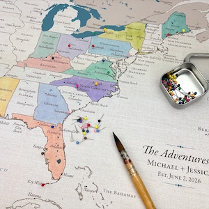 USA Push Pin Travel Map, DIY Watercolor paint, Cotton 2nd Anniversary Gift