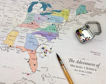 USA Push Pin Travel Map, DIY Watercolor paint, Cotton 2nd Anniversary Gift