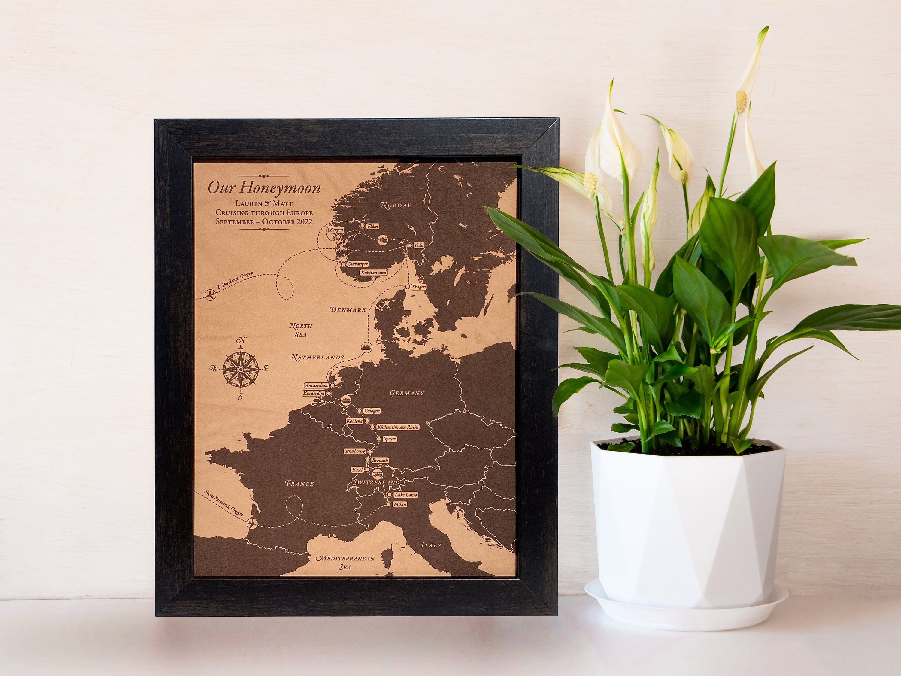Personalized Leather Anniversary Map: Engraved Honeymoon Keepsake