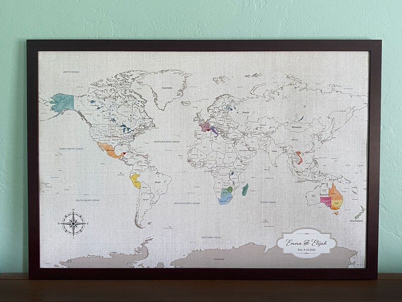 Cotton Anniversary Gift for him her World Watercolor Map, 2nd anniversary, travel gifts JW Design Studio image 7