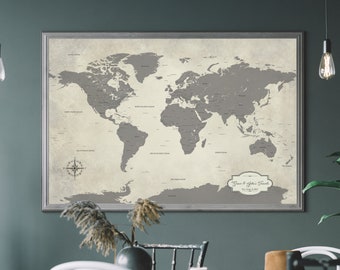 Personalized gray world map with pins - 2nd cotton anniversary gift for him or her | JW Design Studio