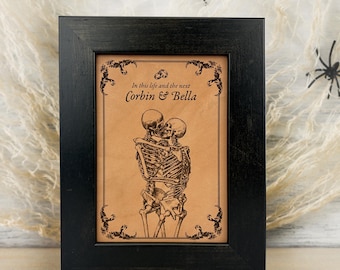 Personalized Gothic Skeleton Lovers Leather Wall Art: Dark Romance Wedding Anniversary Decor