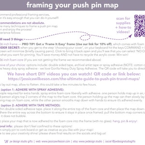 How to Do it yourself mount and frame a push pin travel map by JW Design Studio Gifts! Graphic explains easy steps to mount and frame your travel map easily!