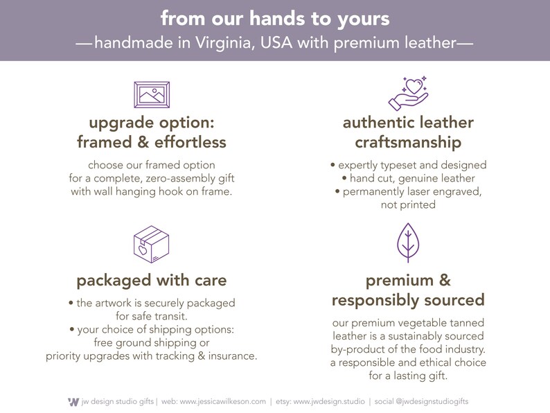 From our hands to yours. Premium handmade leather gifts from JW Design Studio. Features framed gift upgrade, authentic hand cut leather, permanent laser engraving, careful packaging, and sustainably sourced vegetable tanned leather. Crafted in Luray, Virginia, USA. Perfect for a ready to give, high quality, responsibly made gift.