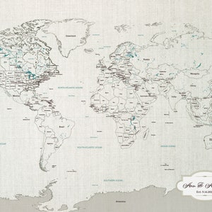 Up close cotton texture, 100 percent cotton canvas world map. Available with personalized details. This Do It Yourself map has the ability to color in the states and countries with watercolor paints for a unique and custom cotton anniversary map.