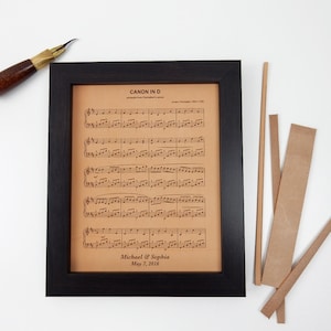 A hand made leather sheet music gift showing the process of cutting the leather by hand to fit the frame.