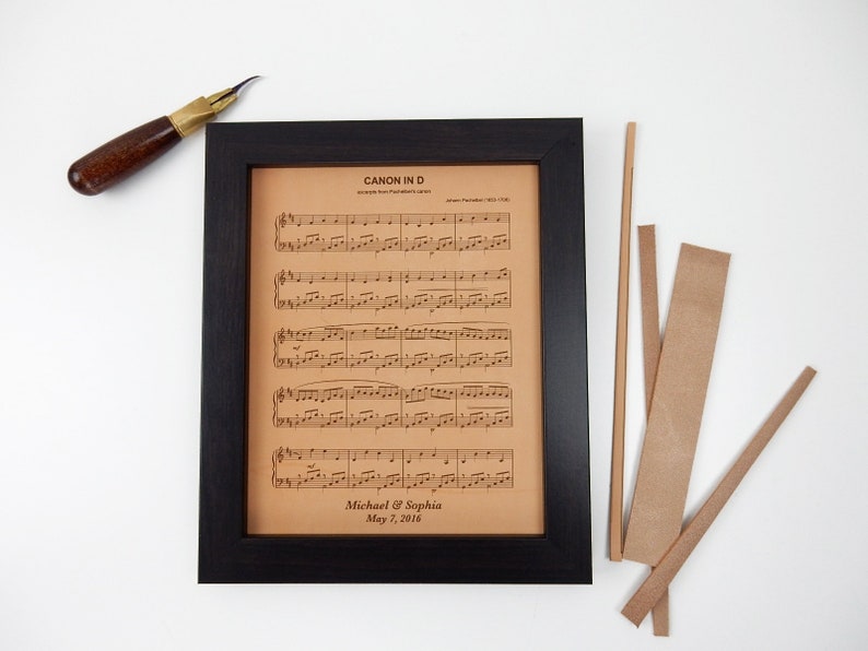 A hand made leather sheet music gift showing the process of cutting the leather by hand to fit the frame.