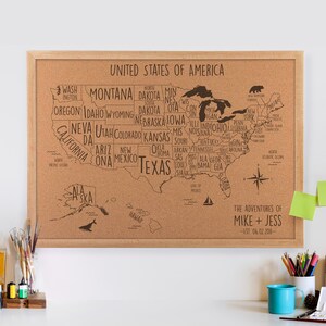Carte lunatique des États-Unis en liège - décoration d'appartement, chambre d'étudiant, cadeaux de voyage | Studio de conception JW