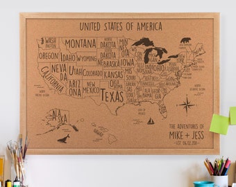 Whimsical USA Cork Pin Board Map - home apartment decor, 5th wood anniversary, travel gift idea | JW Design Studio