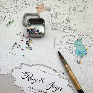 World Watercolor Push Pin Map on Cotton Canvas, Interactive Travel Art You Paint, Personalized 2nd Anniversary or Holiday Gift for Couples