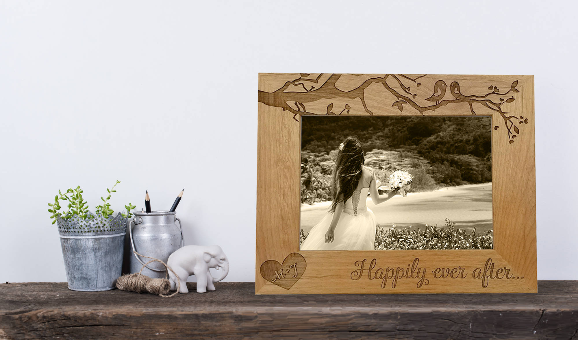 Custom Engraved Wooden Photo Album, with Lovedbirds Design on Front for Happy Couple, Perfect for Weddings and Anniversaries