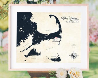 Custom Wedding Map Unique Guest Book Alternative - Cape Cod and Beyond, Personalized Wedding Decor | JW Design Studio