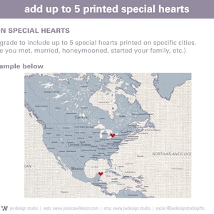 add up to 5 special hearts on your custom usa watercolor push pin travel map. Include places such as where you met, married, honeymooned, started your family, favorite place and more!