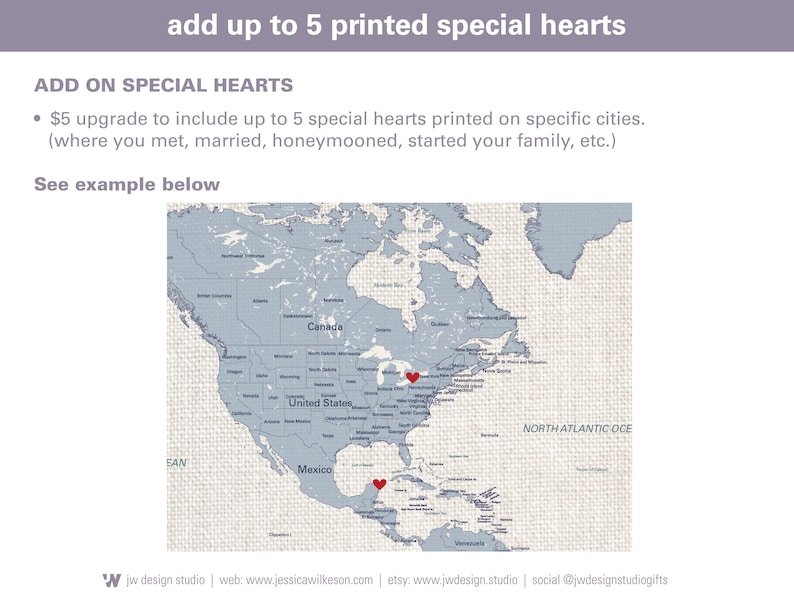 add up to 5 special hearts on your custom usa watercolor push pin travel map. Include places such as where you met, married, honeymooned, started your family, favorite place and more!