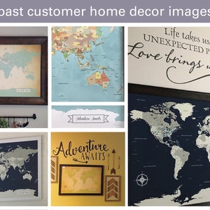 past customer home decor images for inspiration on how to display your push pin travel map by JW Design Studio Gifts