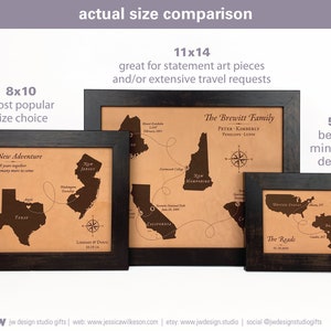 leather map size comparison by jw design studio gifts. available sizes for a custom leather map keepsake are 5 by 7 inches, 8 by 10 inches, and 11 by 14 inches. This image shows actual maps to compare sizes.