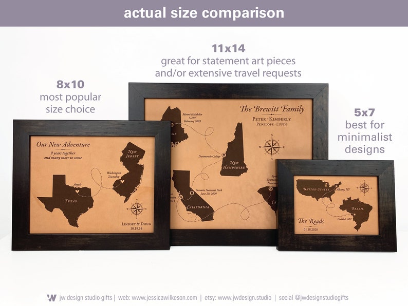 leather map size comparison by jw design studio gifts. available sizes for a custom leather map keepsake are 5 by 7 inches, 8 by 10 inches, and 11 by 14 inches. This image shows actual maps to compare sizes.