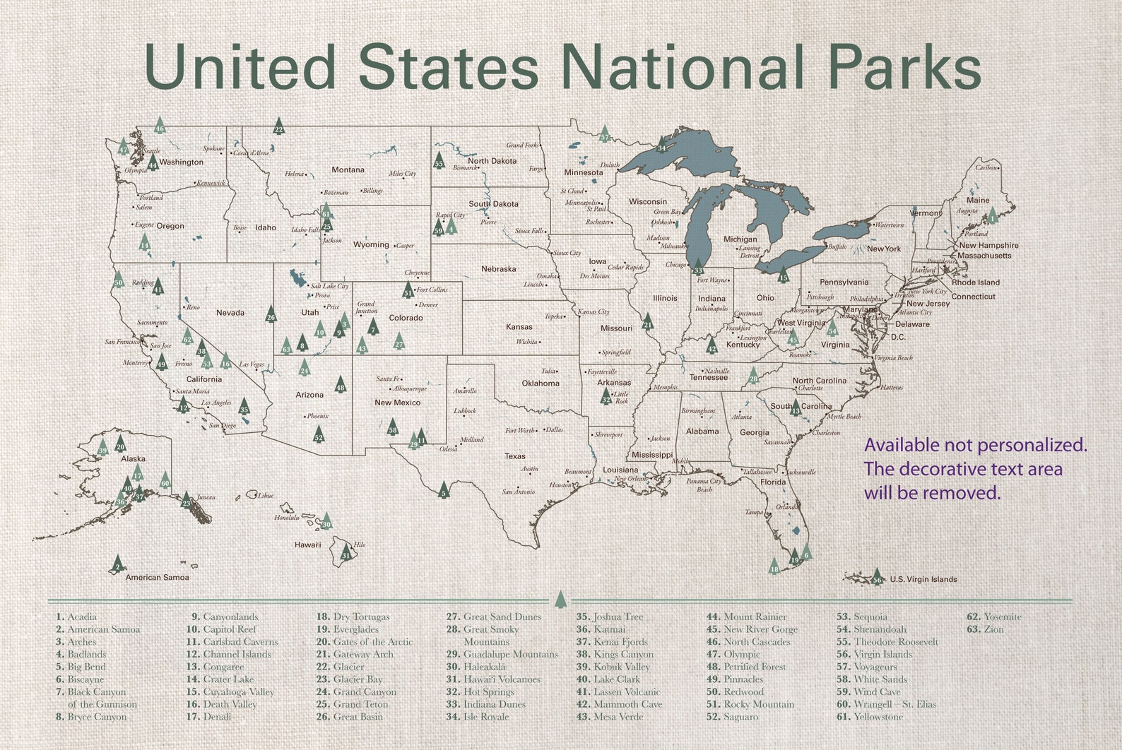 US National Parks Watercolor Map - Personalized Map, Cotton Anniversary