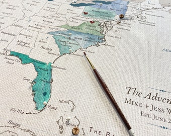 2nd Anniversary Gift for him - USA Cotton Watercolor Map, personalized, includes map pins | JW Design Studio