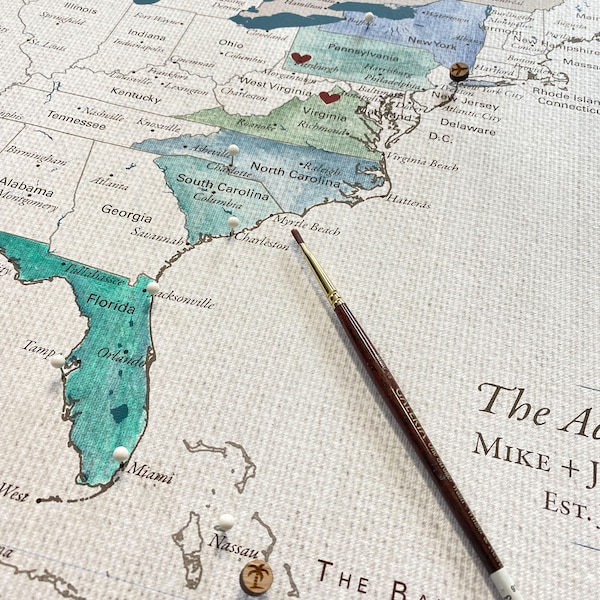 2nd Anniversary Gift for him - USA Cotton Watercolor Map, personalized, includes map pins | JW Design Studio