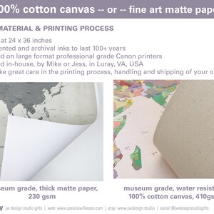 Pick from 100 percent cotton canvas or fine art matte paper, sized at 24 by 36 inches. Museum grade thick matte paper is 230 gsm and museum grade, water resistant cotton canvas is 410 gsm.